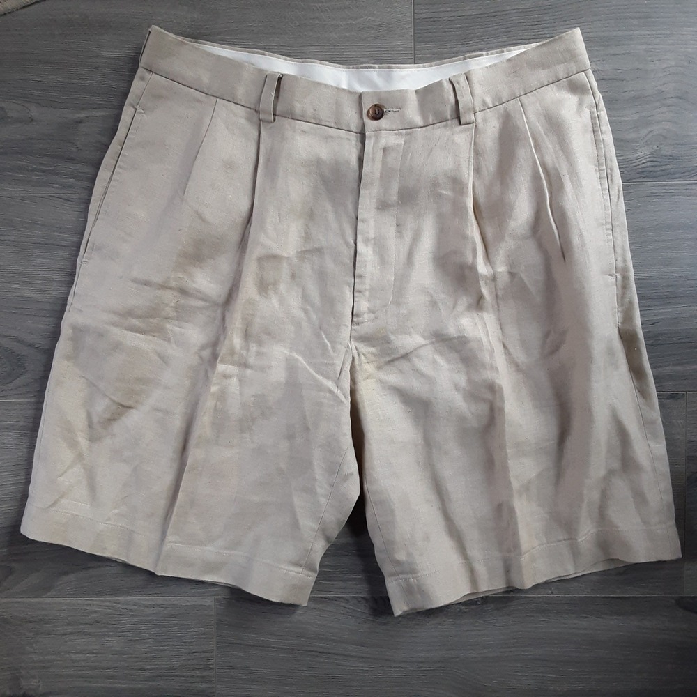 Brooks Brothers 346 Mens 34 Linen Pleated Shorts Beige Oatmeal Classic